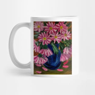 bright and colorful abstract flowers in a deep blue vase. Mug